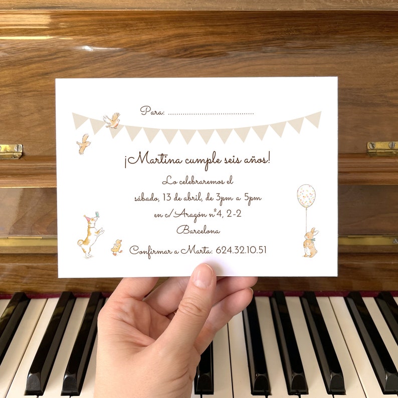 Birthday Invitation in Spanish: a Customizable Invite for your Childrens Party. DIY Printable Card with Original Watercolor Artwork 5x7 image 2