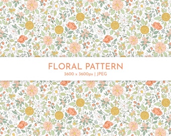 Ditsy Floral Seamless Pattern: um design de tecido estilo Liberty com pequenas flores rosa e amarelas em fundo branco para uso comercial
