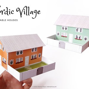 Nordic Village paper models: a set of two printable miniature houses PDF download. image 1