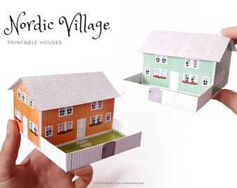 Nordic Village paper models: a set of two printable miniature houses (PDF download).