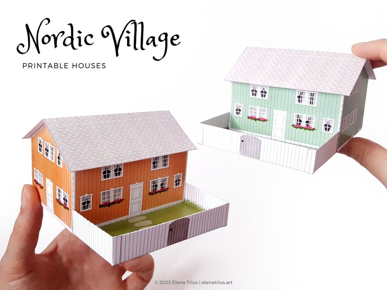 Nordic Village paper models: a set of two printable miniature houses PDF download. image 1