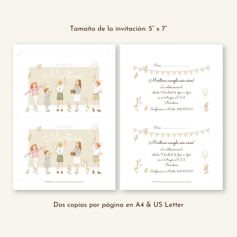 Birthday Invitation in Spanish: a Customizable Invite for your Childrens Party. DIY Printable Card with Original Watercolor Artwork 5x7 image 3
