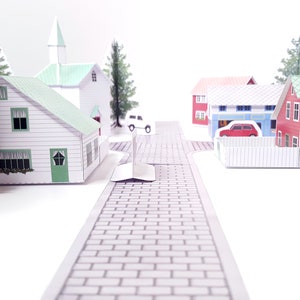 Nordic Village paper models: a set of six printable miniature buildings, cars, trees and road sections PDF download. image 5