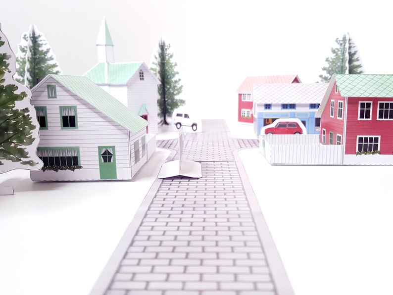 Nordic Village paper models: a set of six printable miniature buildings, cars, trees and road sections PDF download. image 5