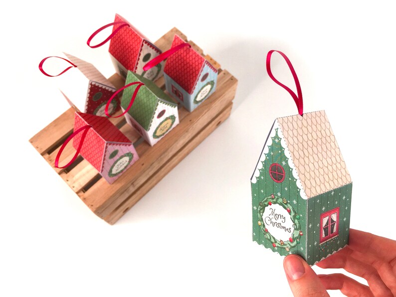 Printable Christmas ornaments: print and assemble these DIY gift boxes and use them as Christmas tree decor PDF download. image 2