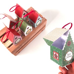 Printable Christmas ornaments: print and assemble these DIY gift boxes and use them as Christmas tree decor PDF download. image 3