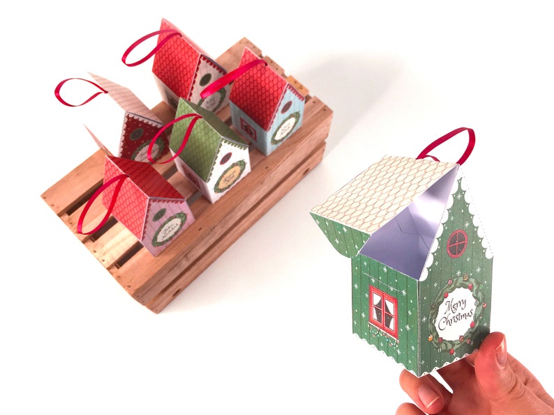 Printable Christmas ornaments: print and assemble these DIY gift boxes and use them as Christmas tree decor PDF download. image 3