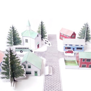 Nordic Village paper models: a set of six printable miniature buildings, cars, trees and road sections PDF download. image 2