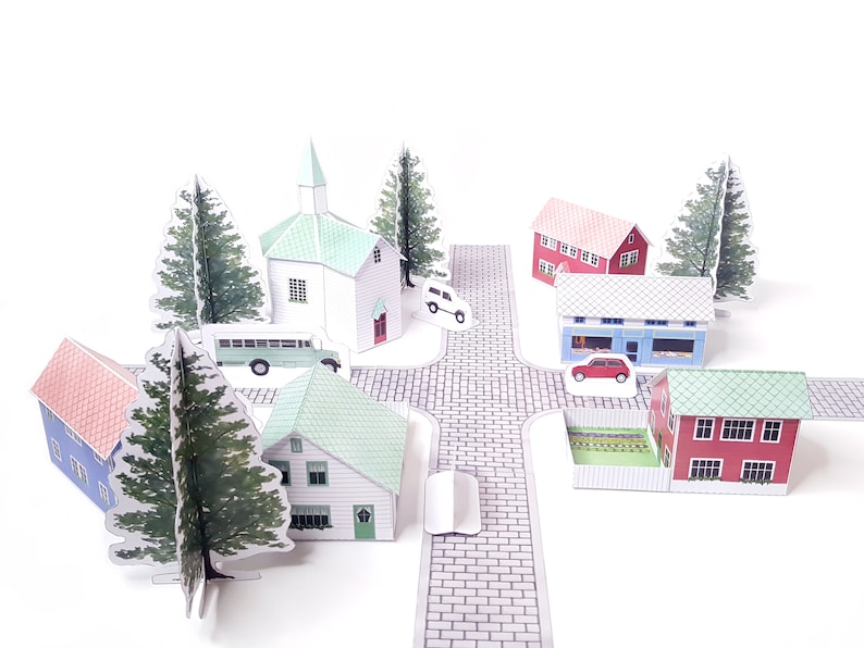 Nordic Village paper models: a set of six printable miniature buildings, cars, trees and road sections PDF download. image 2