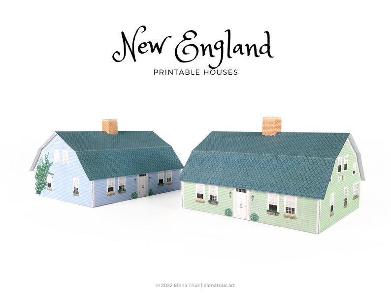 New England Paper Village: een set van twee afdrukbare miniatuurhuizen PDF-download. afbeelding 1