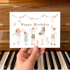 Druckbare illustrierte Geburtstagskarte: eine klassische DIY-Karte für Kinder. Originale Aquarell- und Tintenillustration (druckfertig, 5 x 7 Zoll).