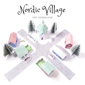 Nordic Village paper models: a set of six printable miniature buildings, cars, trees and road sections PDF download. image 1