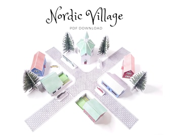 Nordic Village paper models: a set of six printable miniature buildings, cars, trees and road sections (PDF download).