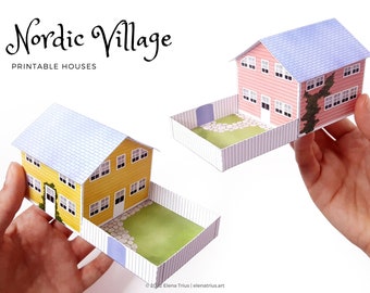 Nordic Village paper models: a set of two printable miniature houses (PDF download).