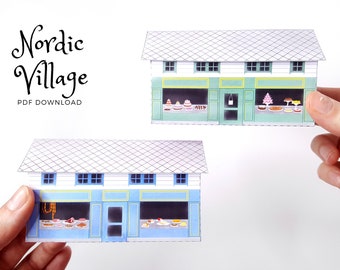 Nordic Village paper models: a set of two printable miniature shops (PDF download).