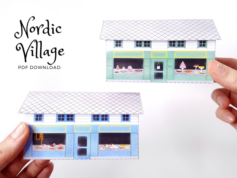 Nordic Village paper models: a set of two printable miniature shops PDF download. image 1