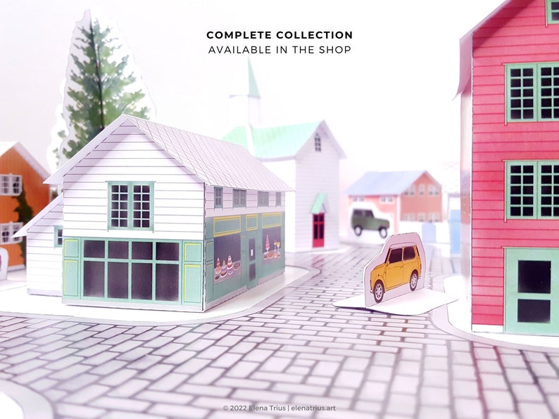 Nordic Village paper models: a set of six printable miniature buildings, cars, trees and road sections PDF download. image 9