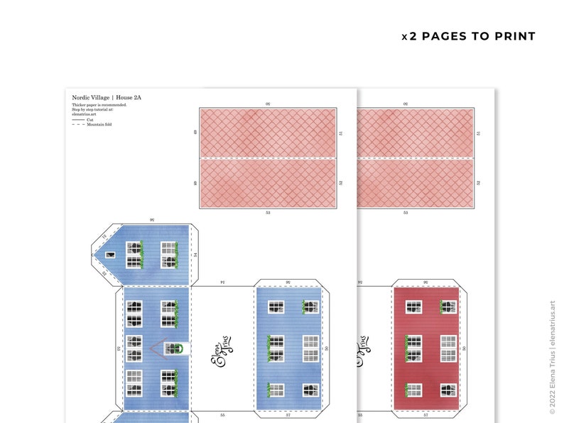 Nordic Village paper models: a set of two printable miniature houses PDF download. imagem 5