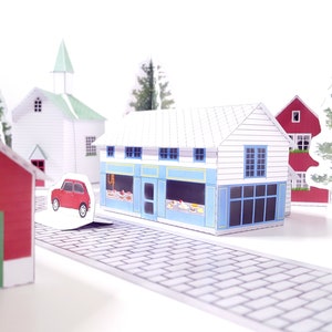 Nordic Village paper models: a set of six printable miniature buildings, cars, trees and road sections PDF download. image 4