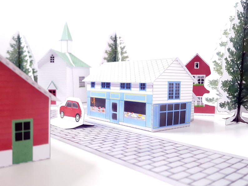 Nordic Village paper models: a set of six printable miniature buildings, cars, trees and road sections PDF download. image 4