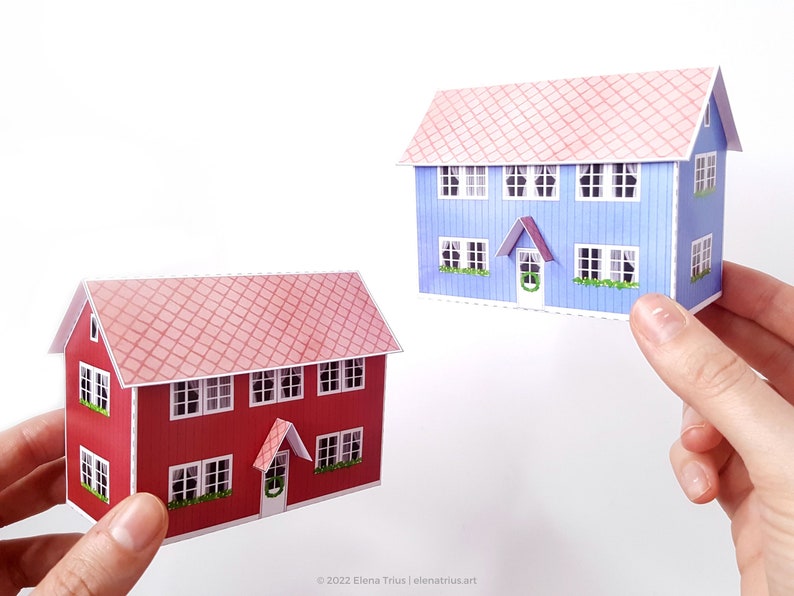 Nordic Village paper models: a set of two printable miniature houses PDF download. imagem 4