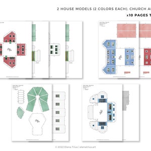 Nordic Village paper models: a set of six printable miniature buildings, cars, trees and road sections PDF download. image 6