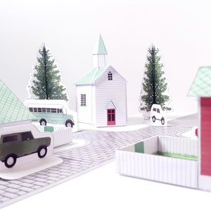 Nordic Village paper models: a set of six printable miniature buildings, cars, trees and road sections PDF download. image 3