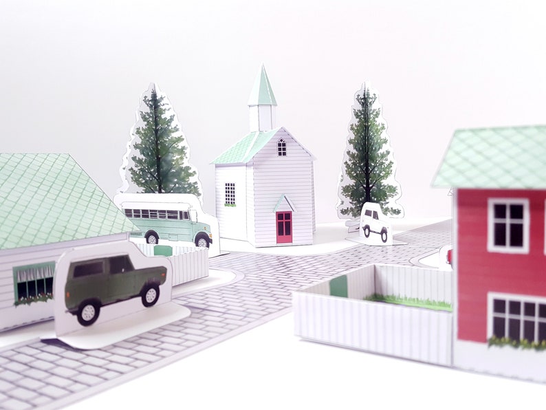 Nordic Village paper models: a set of six printable miniature buildings, cars, trees and road sections PDF download. image 3