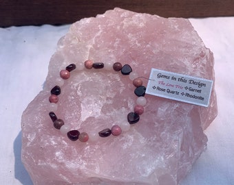 Love trio- beaded bracelet- Garnet- prosperity and earth appreciation, Rhodonite- self love, acceptance, Rose quartz- love