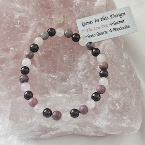 Love trio- beaded bracelet- Garnet- prosperity and earth appreciation, Rhodonite- self love, acceptance, Rose quartz- love