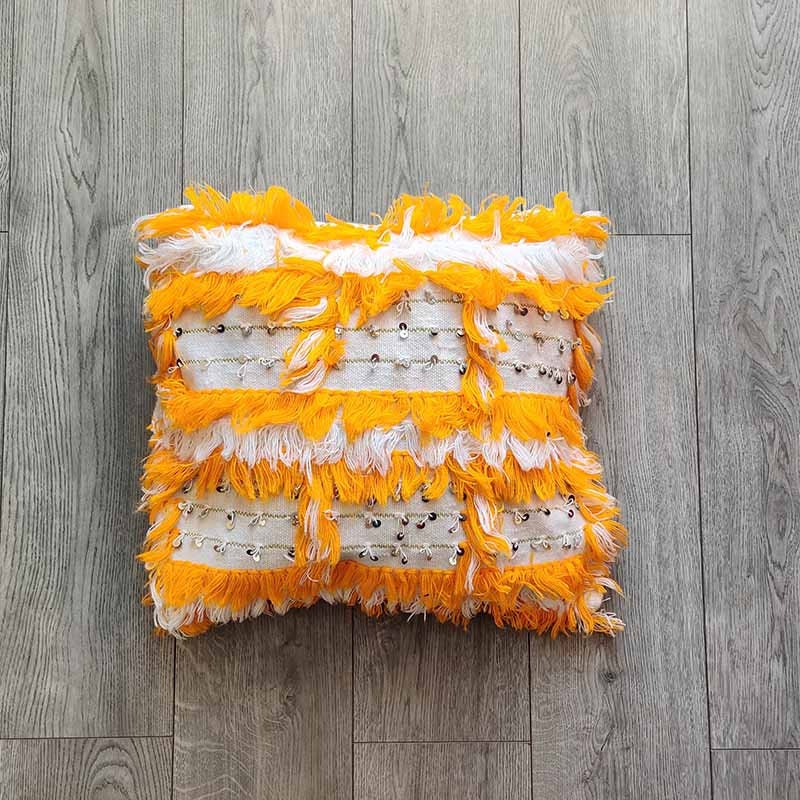 Coussin Berbère Jaune Marocain en Coton et Laine Fait Main