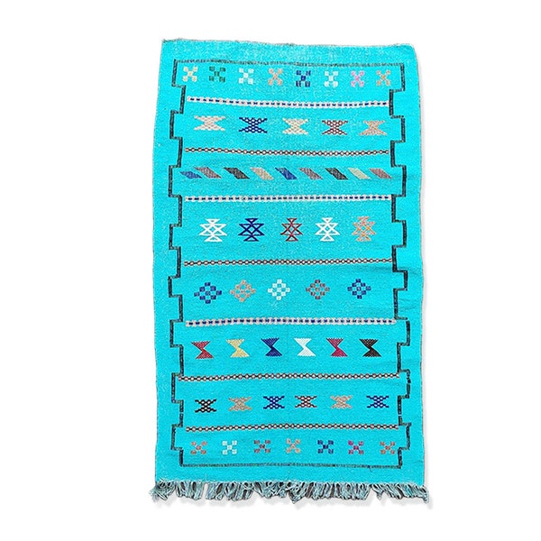 Petit Tapis Berbère turquoise en coton - Tapis Sabra ethnique - Tapis Marocain fait à la main pour chambre et salon bohème