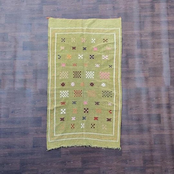 Tapis Berbère Ethnique Vert en Coton Pour Décoration de Sol et Mur