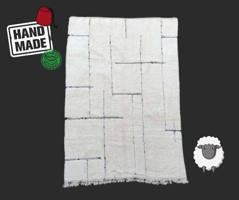 Grand Tapis Berbère Beni Ouarain Graphique Blanc et Noir