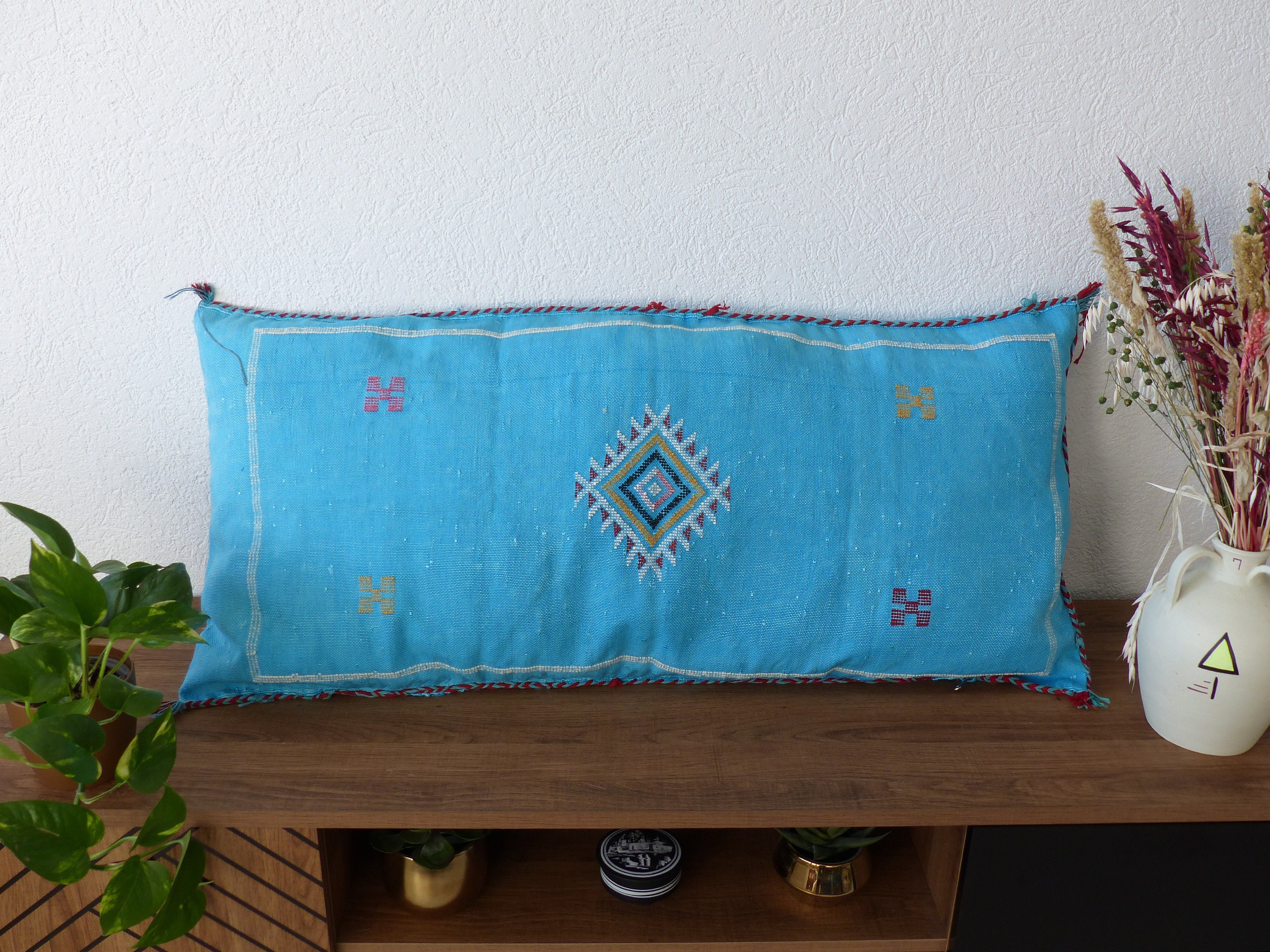 Grand Coussin Sabra Turquoise en Soie de Cactus Xxl