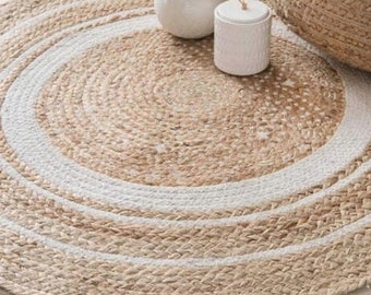 Tapis Rond en Jute beige et coton blanc  Fait Main, Tapis bohème, Tapis écologique, Artisanat Indien, Tapis pour salon, décoration maison