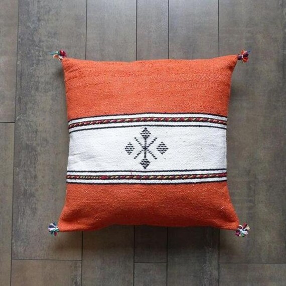 Housse de Coussin Berbère Orange et Blanc en Coton Fait Main