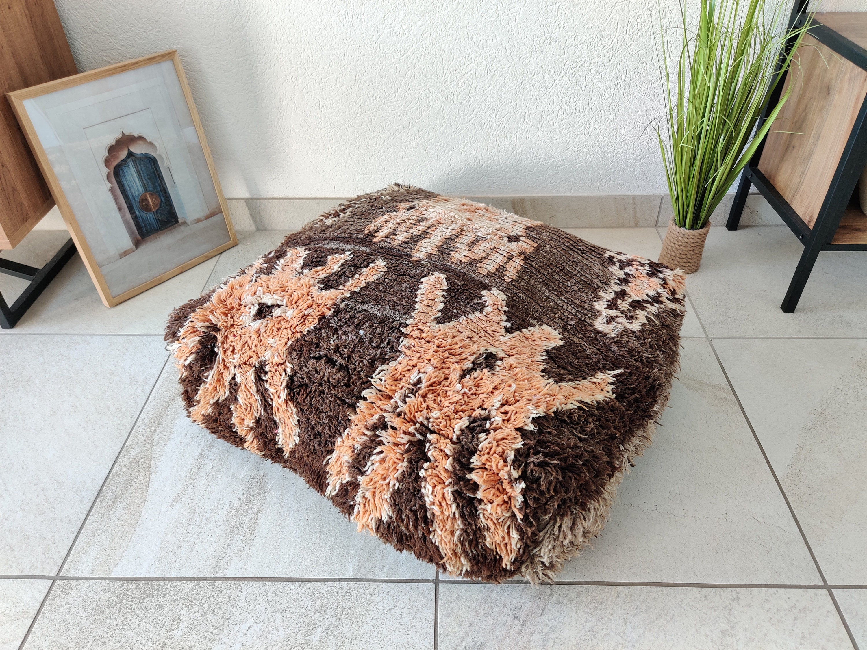 Pouf Berbère Marron Pouf Marocain Vintage en Laine Coussin de Sol Décoratif