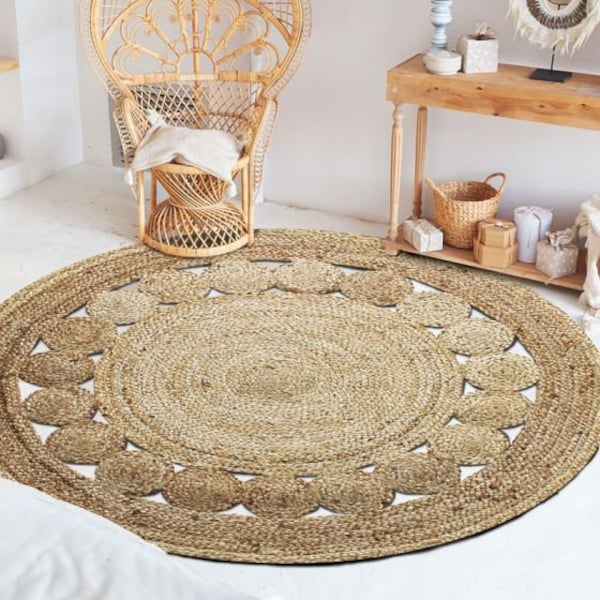 Tapis Rond en Jute bohème, Fait Main, Tapis bohème, Tapis écologique, Artisanat Indien, Tapis pour salon, décoration maison