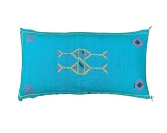 Large Sabra Pillow Berber Silk Pillow for couch Blue moroccan pillow cover for sofa handmade cushion boho