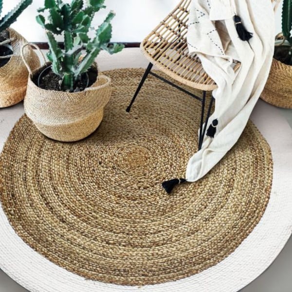 Tapis Rond en Jute contour blanc, Fait Main, Tapis bohème, Tapis écologique, Artisanat Indien, Tapis pour salon, décoration maison