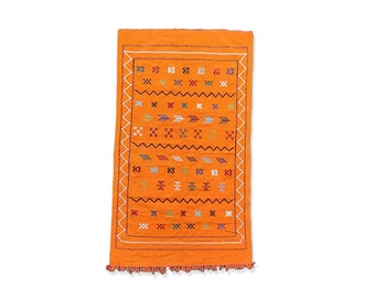 Orange Berber Carpet - Sabra Ethnic Pattern Carpet - Small handmade Moroccan rug for living room and bedroom