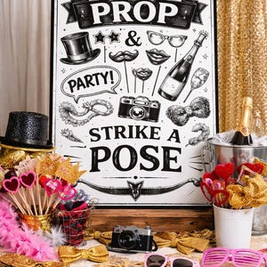 May include: A party photo booth setup with a sign that reads "Grab a Prop & Strike a Pose." Includes props like mustaches, glasses, lips, and a camera. Accessories include pink sunglasses, bow ties, and a champagne bottle.