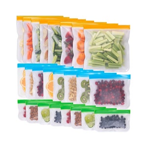 Greenzla reusable storage bags – 24 Pack bpa-free Freezer Bags (8 Gallon Bags, 8 Sandwich Bags, 8 Snack Bags), EXTRA THICK & Leakproof