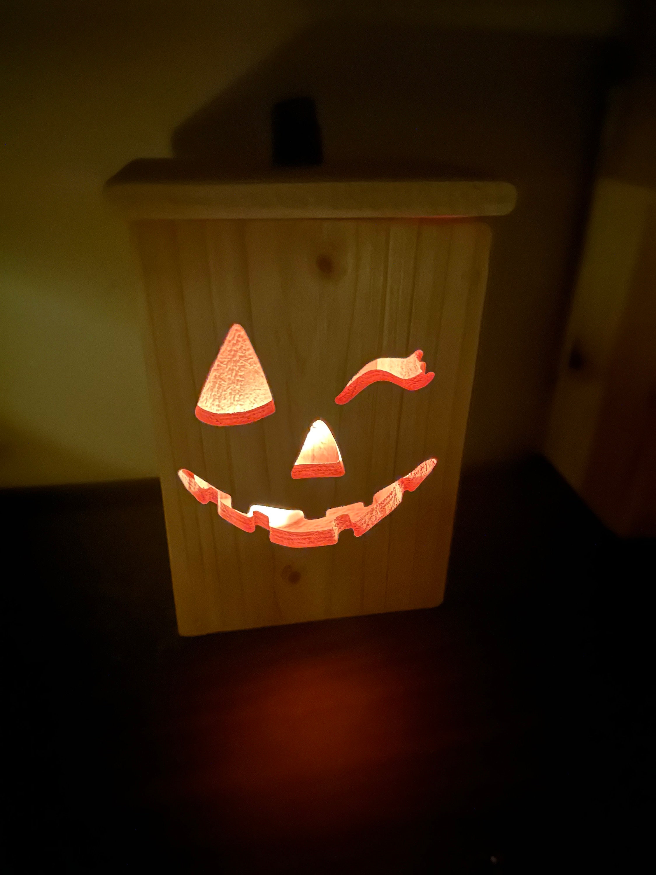 Halloween Jack-O-Lantern Wood Decor! LED “Flickering Flame” Candle & Battery Included!