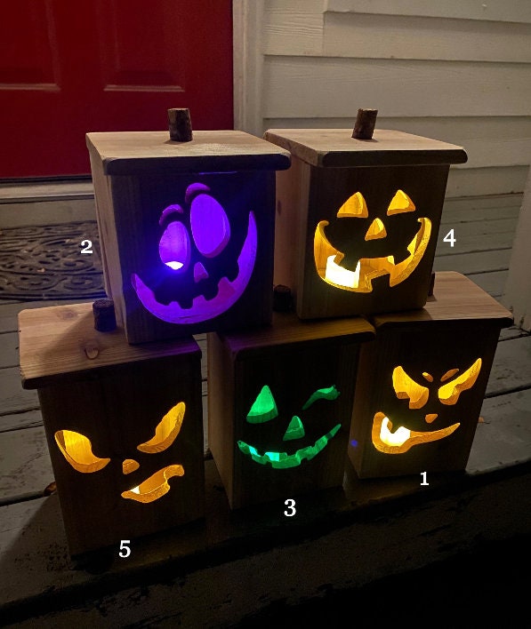 Halloween Jack-O-Lantern Wood Decor! LED “Flickering Flame” Candle & Battery Included!