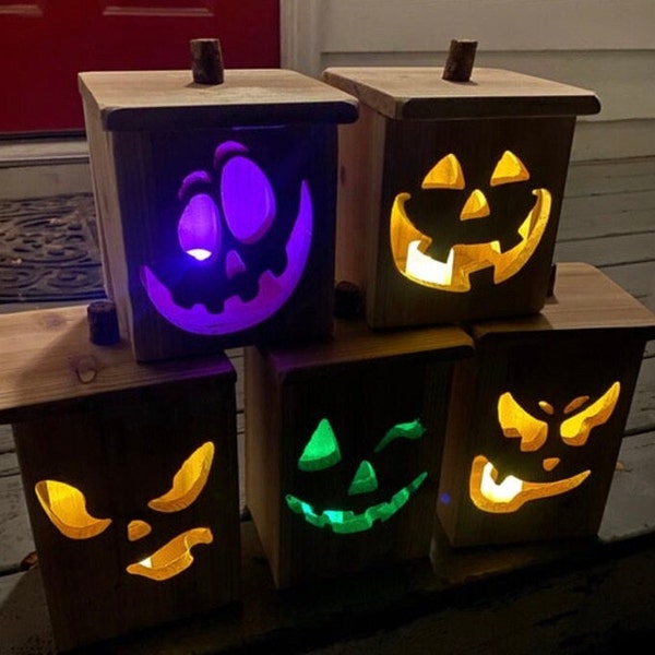 Halloween Jack-O-Lantern Wood Decor! LED “Flickering Flame” Candle & Battery Included!