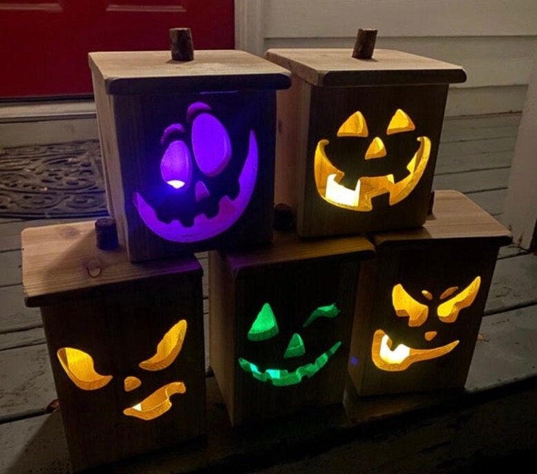 Halloween Jack-O-Lantern Wood Decor! LED “Flickering Flame” Candle & Battery Included!