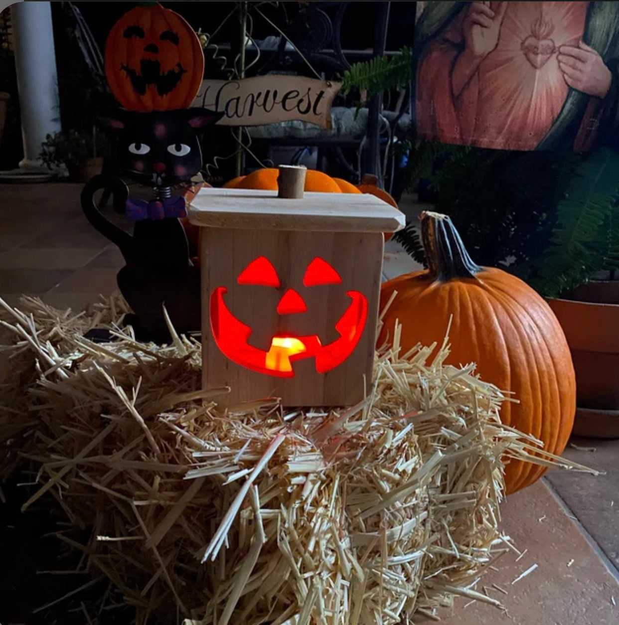 Halloween Jack-O-Lantern Wood Decor! LED “Flickering Flame” Candle & Battery Included!