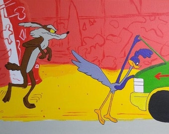 May include: A hand-painted canvas featuring a cartoon roadrunner and coyote. The roadrunner is standing on a yellow surface and is holding a wrench. The coyote is standing on a yellow surface and is looking at the roadrunner. The roadrunner is standing next to a green van with the words "FREE BIRDSEED" written on the side.